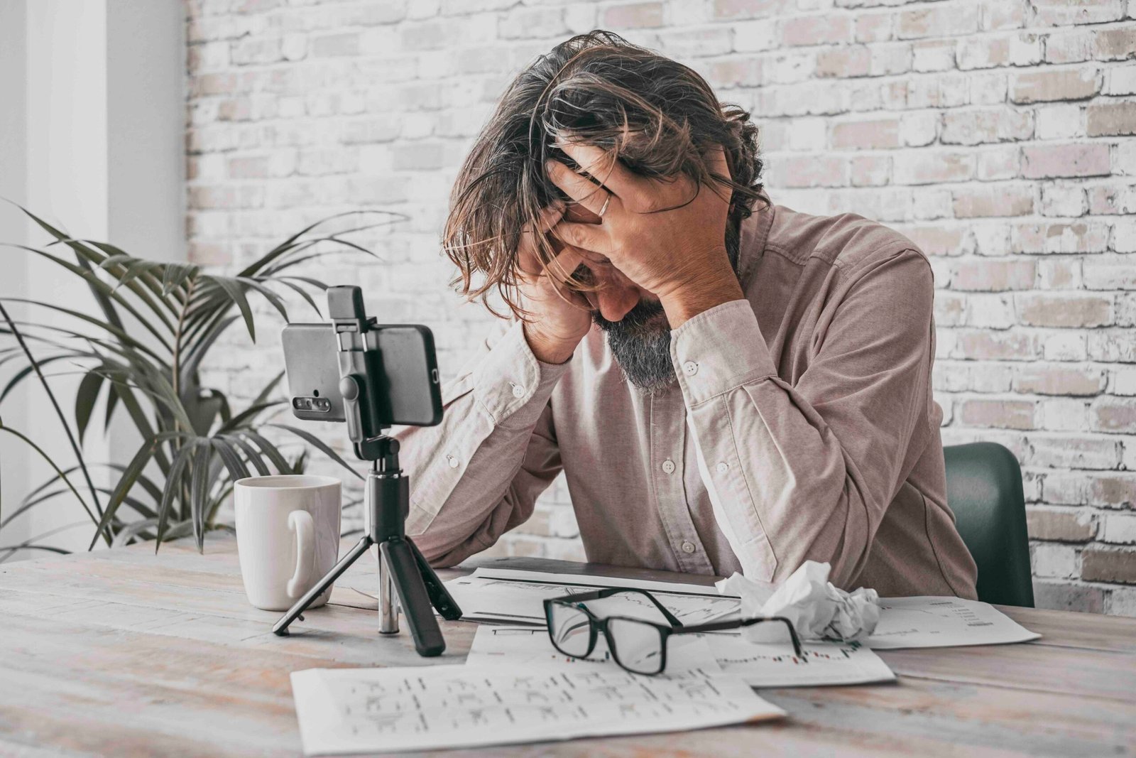 Mann vor der Kamera versucht, die Probleme zu lösen, denen er während der Video-Coaching-Aufnahme begegnet.